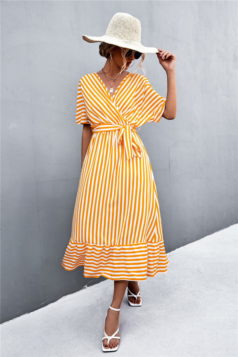 Short Sleeved Striped Tie Belt Casual Midi Dress