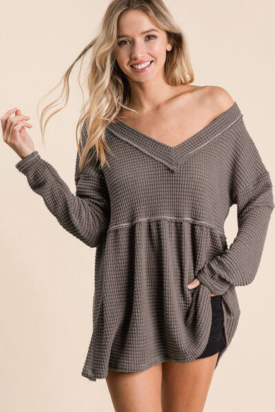 BiBi Waffle Knit V-Neck Babydoll Blouse - Brand BiBi