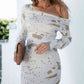 Printed Boat Neck Long Sleeve Dress