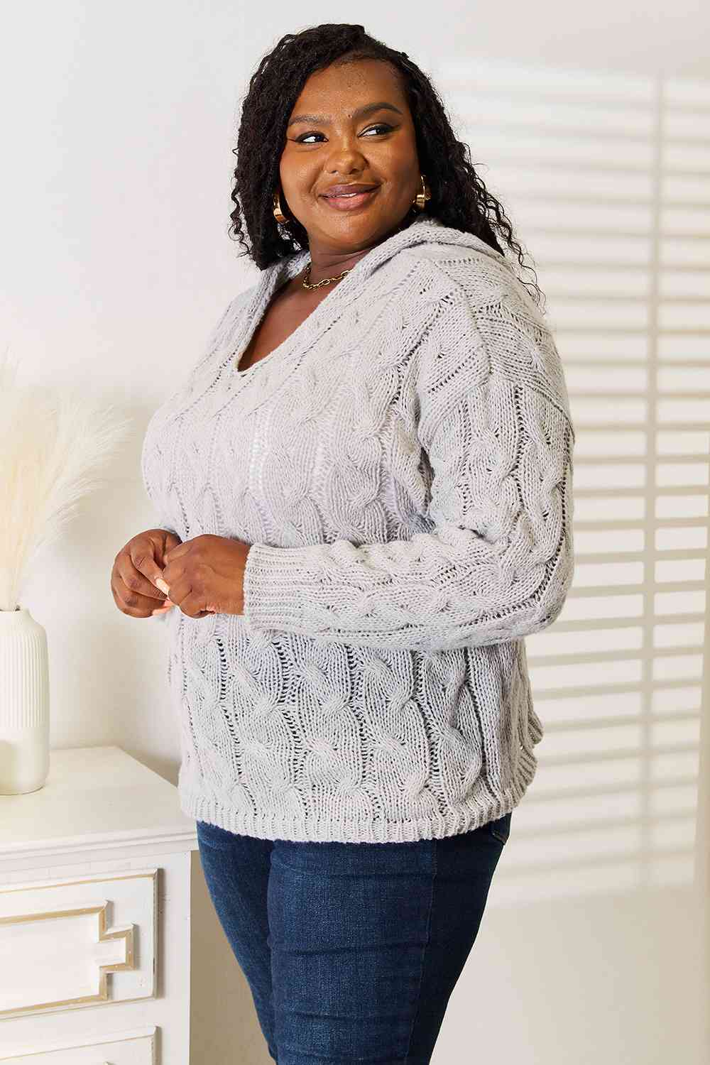 Woven Right Cable-Knit Hooded Sweater *