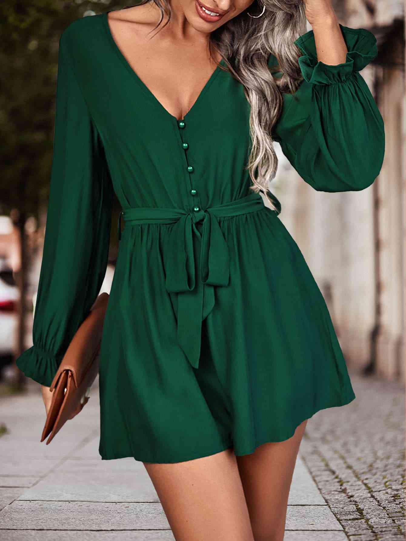 BodatiousJumpers Long Flounce Sleeve V-Neck Romper