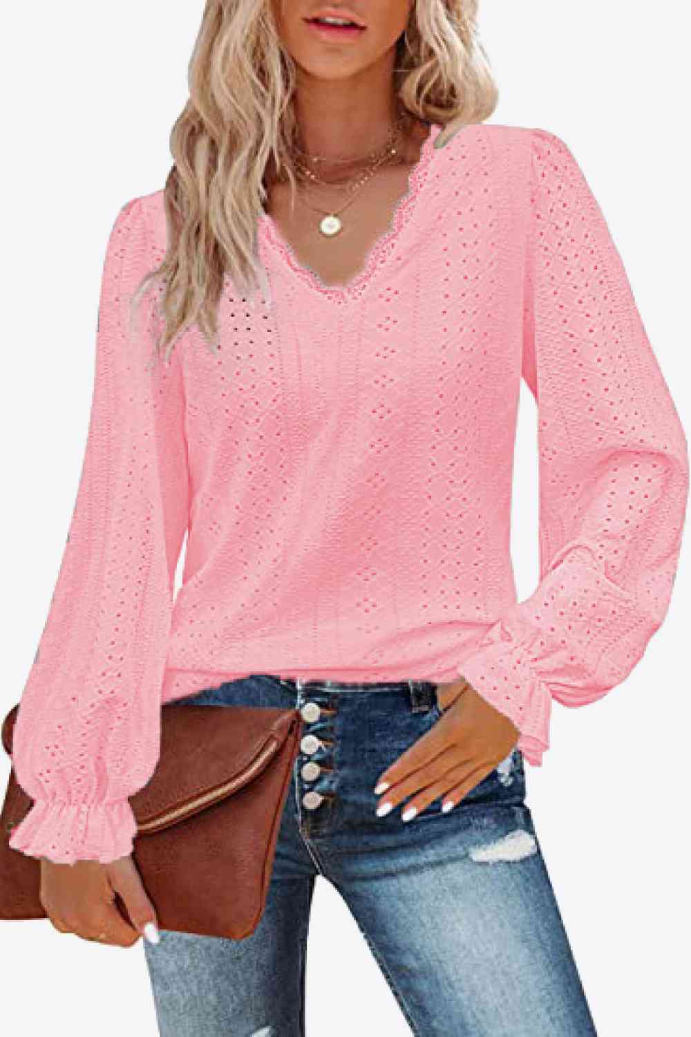 FULL SIZE Eyelet V-Neck Flounce Sleeve Blouse