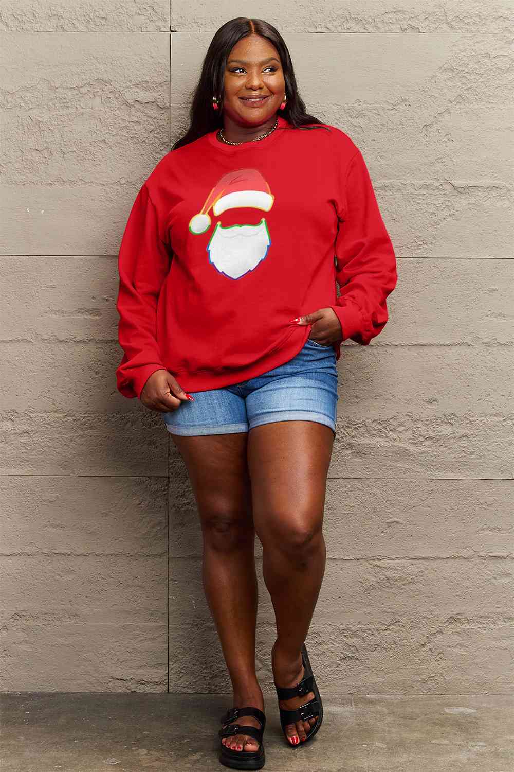 Simply Love Full Size Rainbow Christmas Santa Graphic Round Neck Sweatshirt