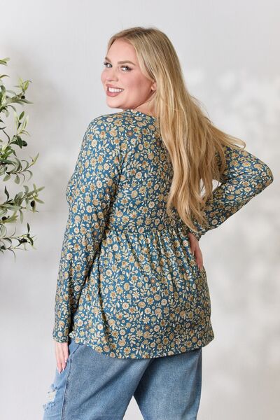 Heimish Full Size Floral Half Button Long Sleeve Blouse *