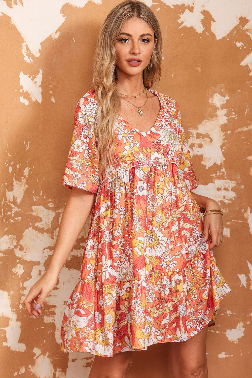 SOChic Floral Print V-Neck Short Sleeve Frill Trim Mini Dress