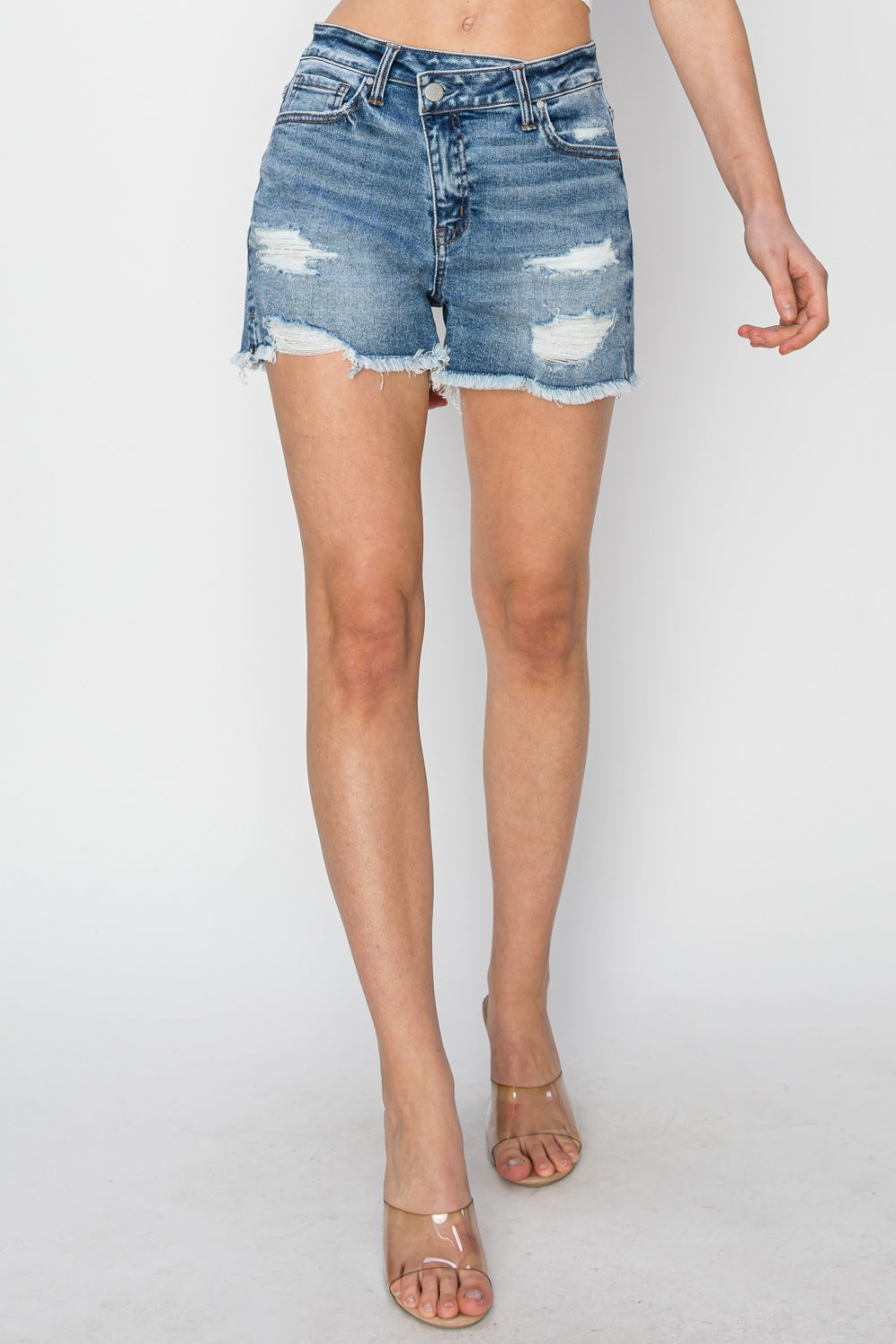 RISEN Stepped Waist Frayed Denim Shorts *
