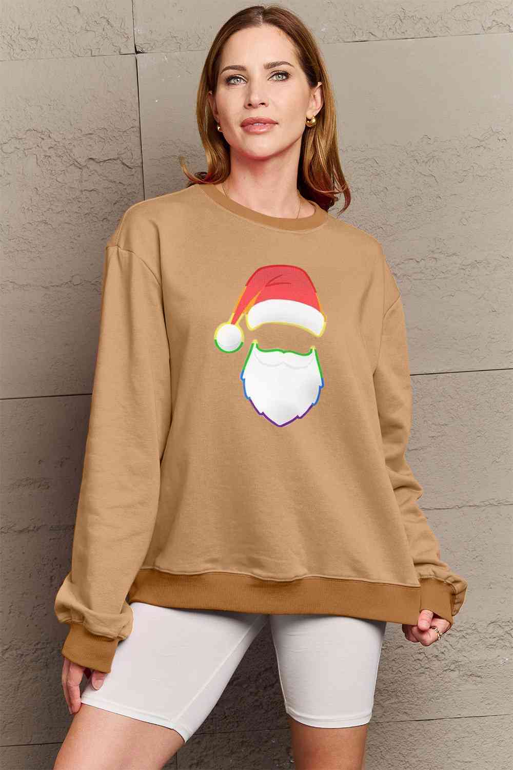 Simply Love Full Size Rainbow Christmas Santa Graphic Round Neck Sweatshirt