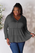 Double Take Half Button Long Sleeve Ruffle Hem Blouse *