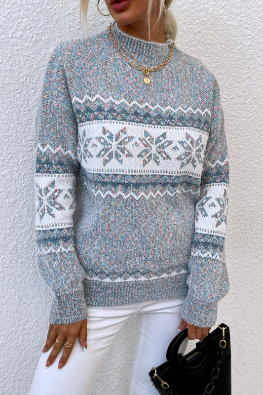 CHRISTMAS Snowflake Pattern Mock Neck Sweater