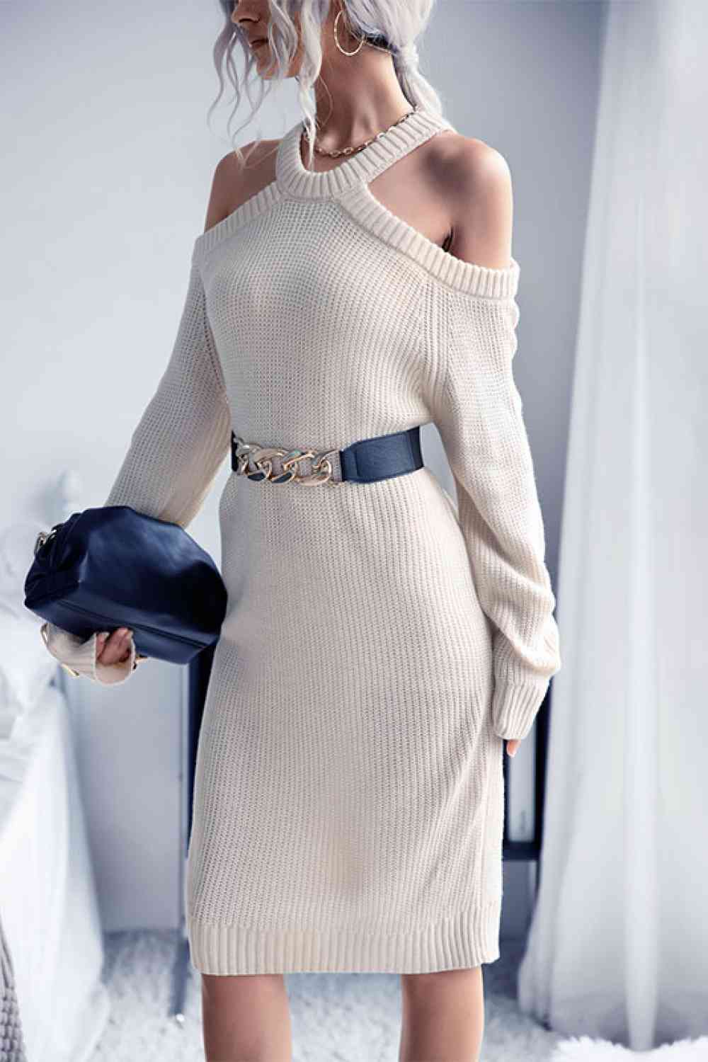 Cream Cold Shoulder Rib-Knit Sweater Dress (Belt Not Included)