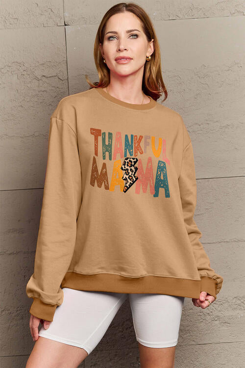 Simply Love Full Size Letter Graphic Camel Brown Long Sleeve Sweatshirt