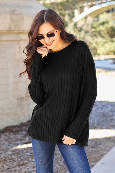 Basic Bae Full Size Ribbed Round Neck Long Sleeve Knit Top *