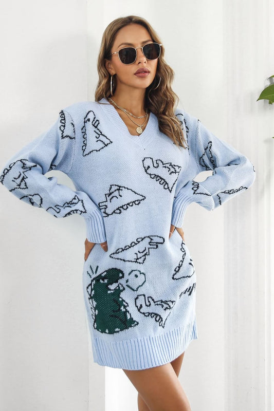 Athena Rea Dinosaur Pattern V-Neck Sweater Dress