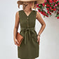 Buttoned V-Neck Belted Sleeveless Mini Dress
