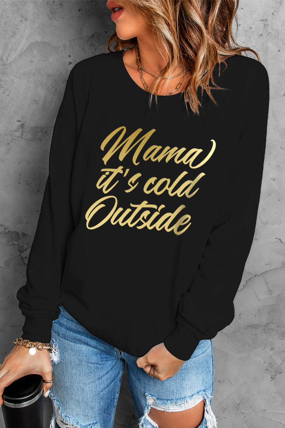 Christmas Time MAMA IT'S COLD OUTSIDE Full Size Graphic Dropped Shoulder Sweatshirt