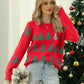Christmas Tree Round Neck Ribbed Trim Sweater
