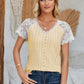 Eyelet V-Neck Lace Short Sleeve T-Shirt