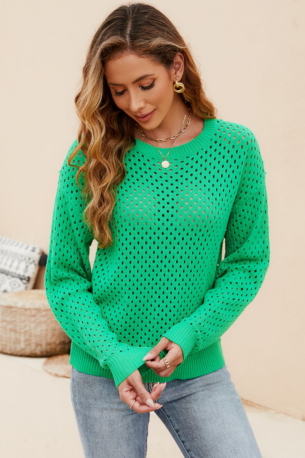 Beauteous Round Neck Openwork Dropped Shoulder Knit Top