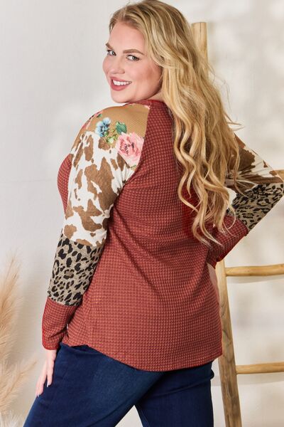 Hailey & Co Full Size Leopard Waffle-Knit Blouse *