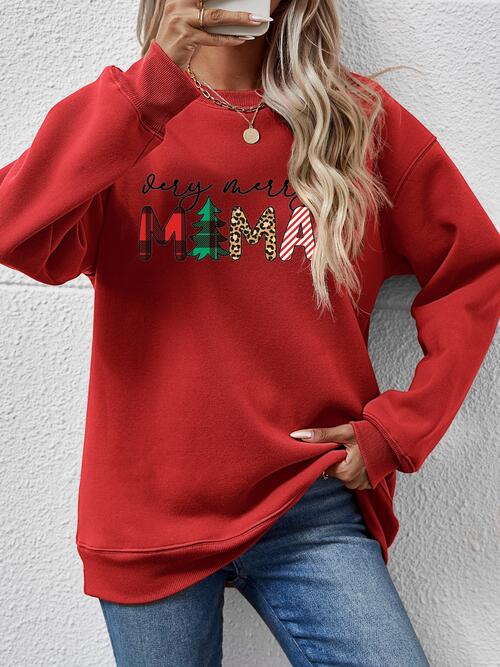 Christmas Themed VERY MERRY MAMA Letter Graphic Round Neck Long Sleeve Sweatshirt