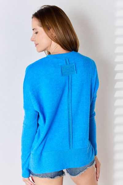 Zenana Ribbed Trim Round Neck Long Sleeve Top *