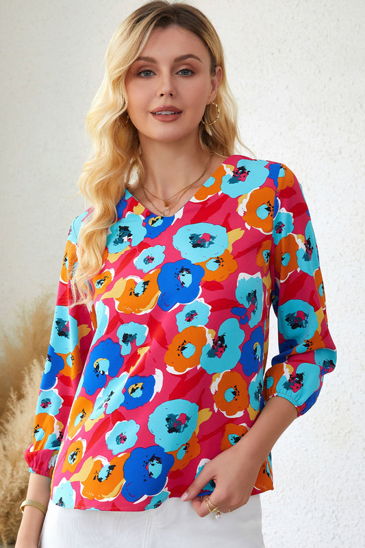 Floral V-Neck Three-Quarter Sleeve Top