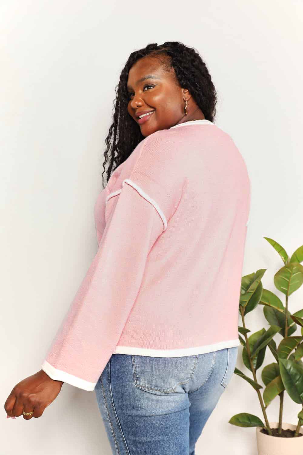 Double Take Blush Pink Contrast Detail Dropped Shoulder Knit Top