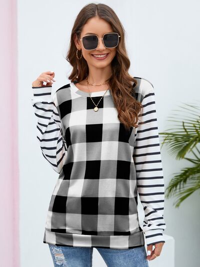 Women's HannahMea Plaid Striped Round Neck Long Sleeve T-Shirt