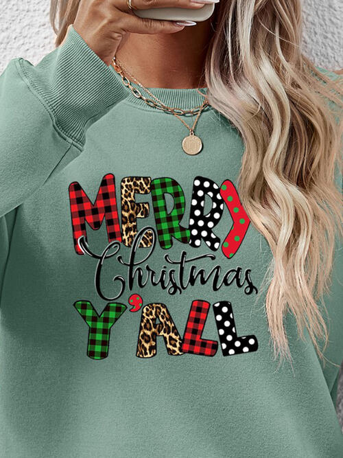 Merry Christmas Ya'll Letter Graphic Round Neck Long Sleeve Sweatshirt