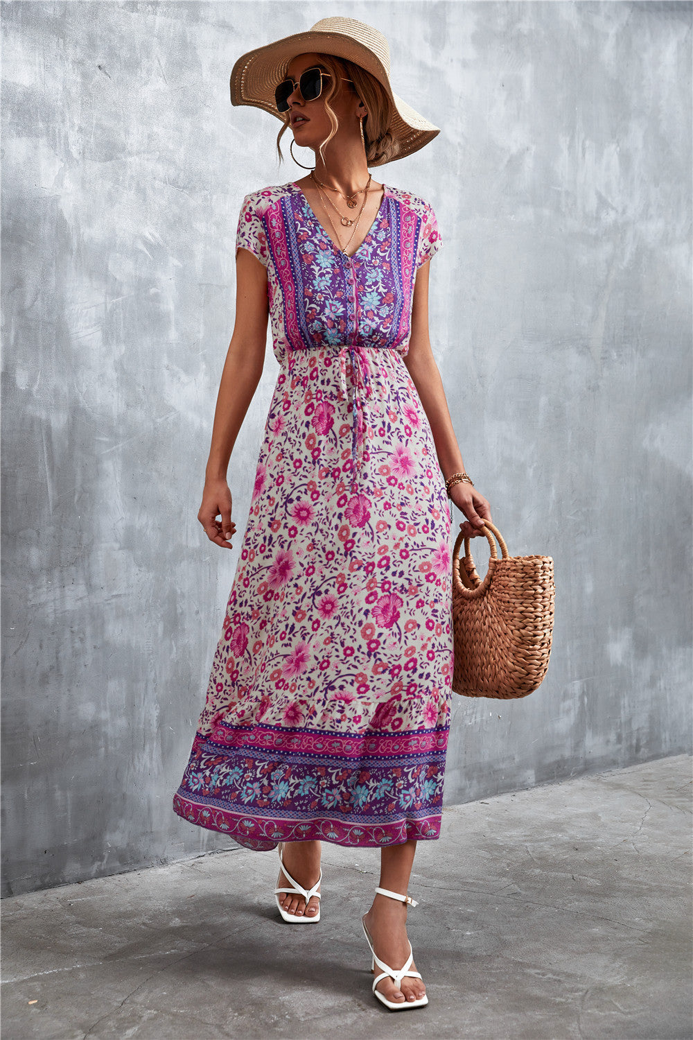 Full Size V-Neck Short Sleeve Printed Maxi Dress