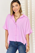Zenana Texture Button Up Short Sleeve High-Low Shirt *