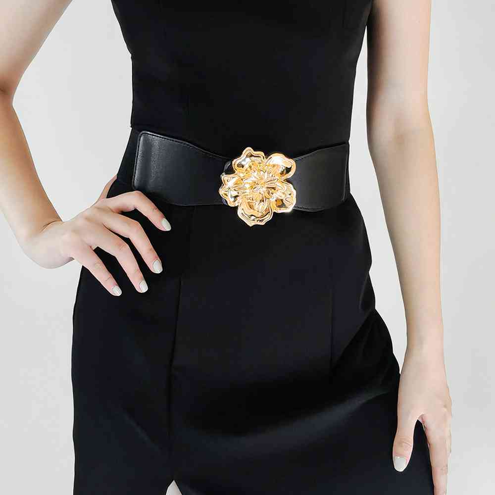 Chic Woman Flower Alloy Buckle Elastic Belt