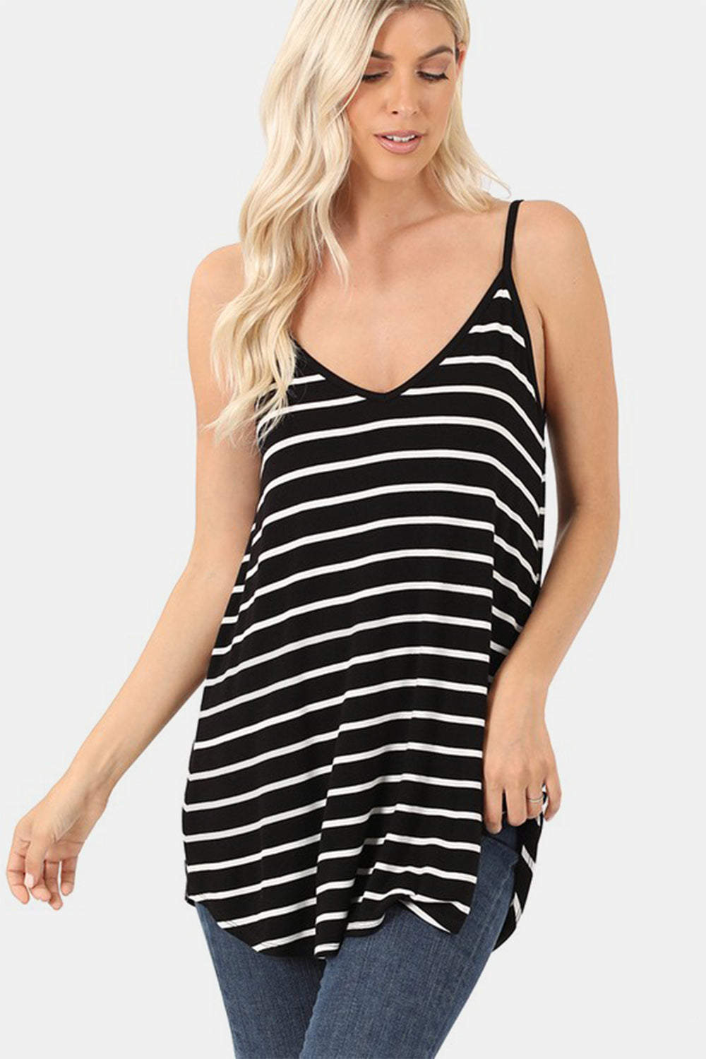 Zenana Striped V-Neck Curved Hem Cami *