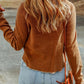 Plus Size Caramel Brown Waffle-Knit Round Neck Long Sleeve Blouse