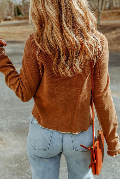 Plus Size Caramel Brown Waffle-Knit Round Neck Long Sleeve Blouse