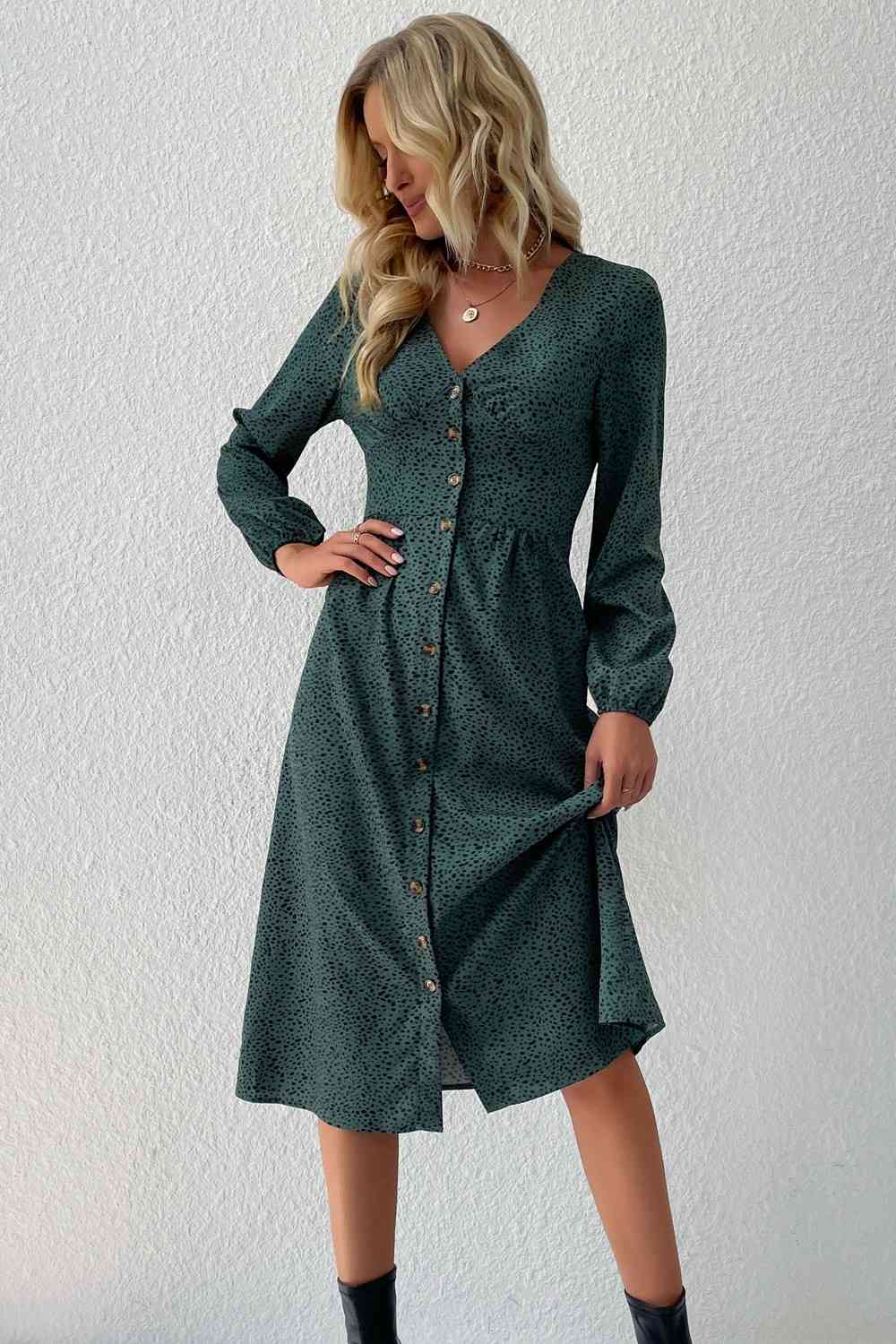 Green Printed Button Down V-Neck Midi Dress