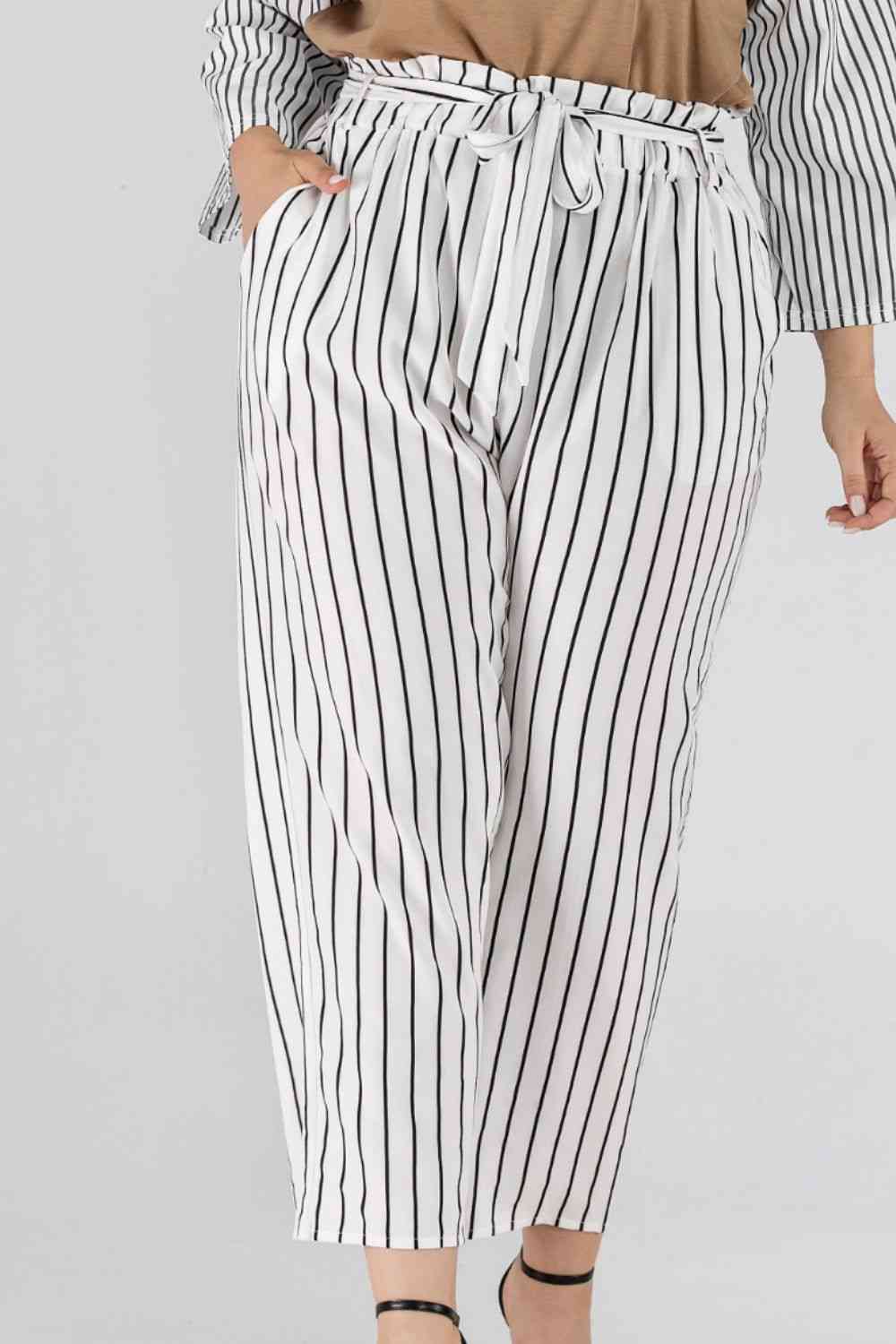 Full Size PantsPlace Striped Paperbag Waist White Cropped Pants