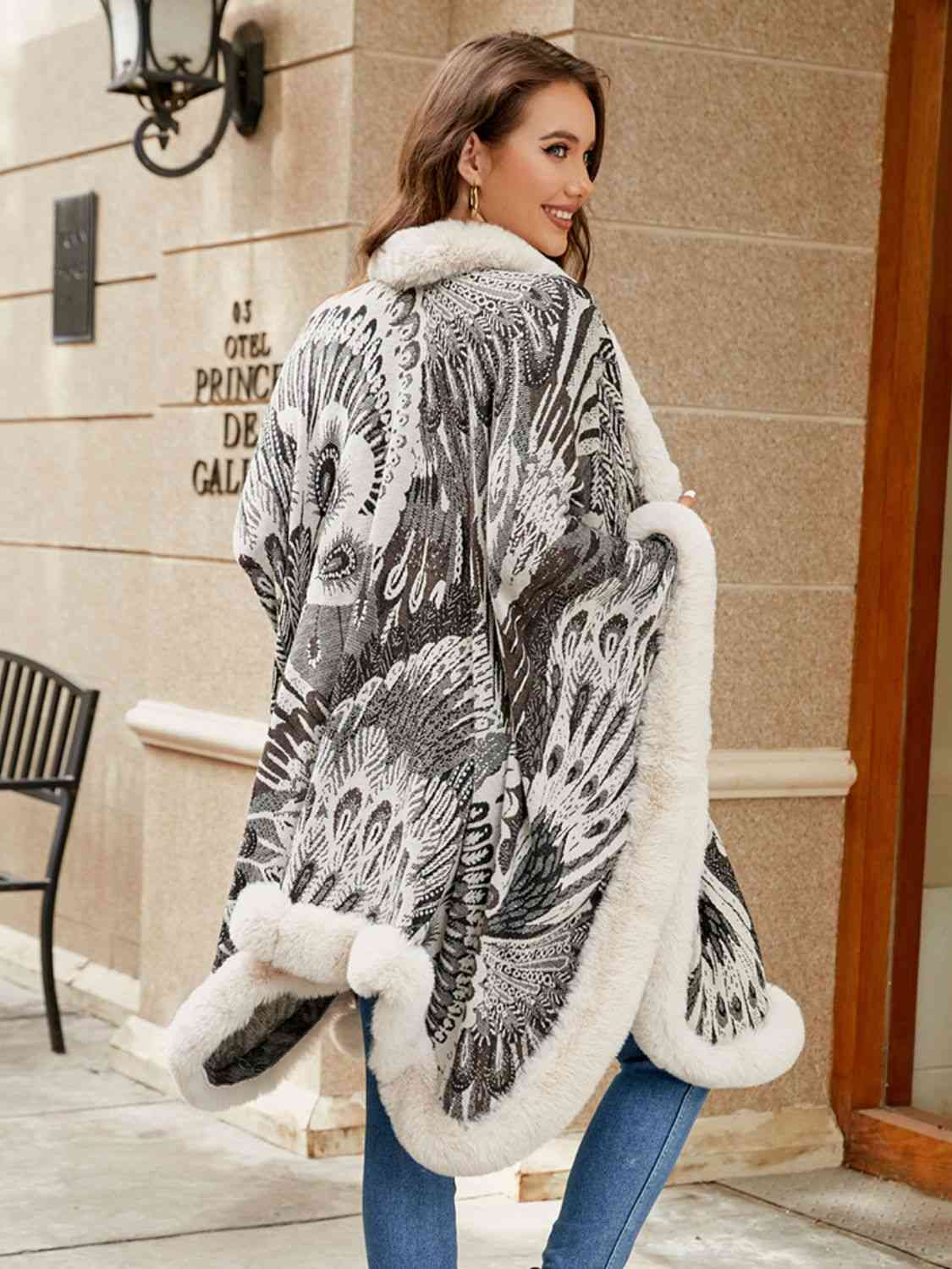 Beauty Devine Fur Trim One Size Printed Open Front Poncho