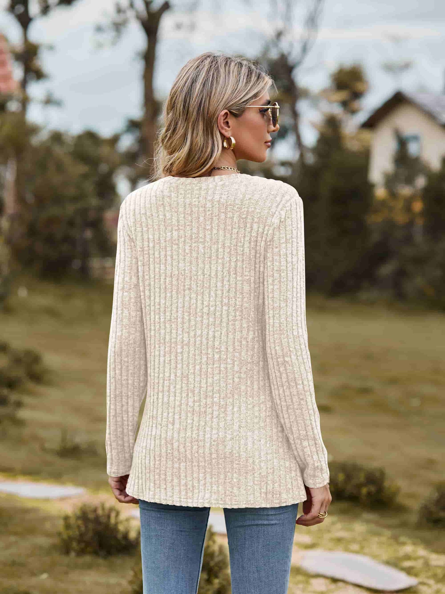 Full Size Ribbed Round Neck Long Sleeve Tee