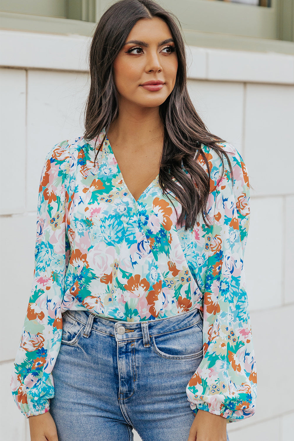 Women's Floral Long Balloon Sleeve Blouse