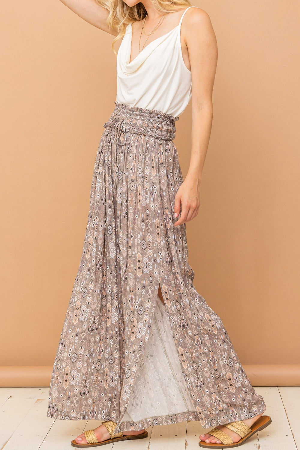 And The Why Printed Smocked Waist Slit Wide Leg Pants *