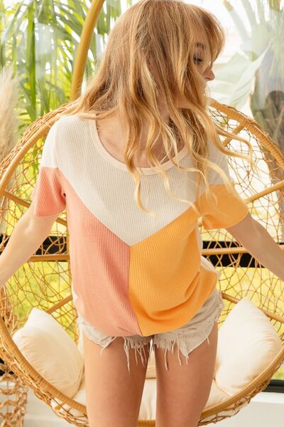 BiBi Round Neck Color Block Short Sleeve Knit Sweater *