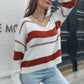 Brilliant Spark Striped V-Neck Drop Shoulder Sweater in Pink or Red