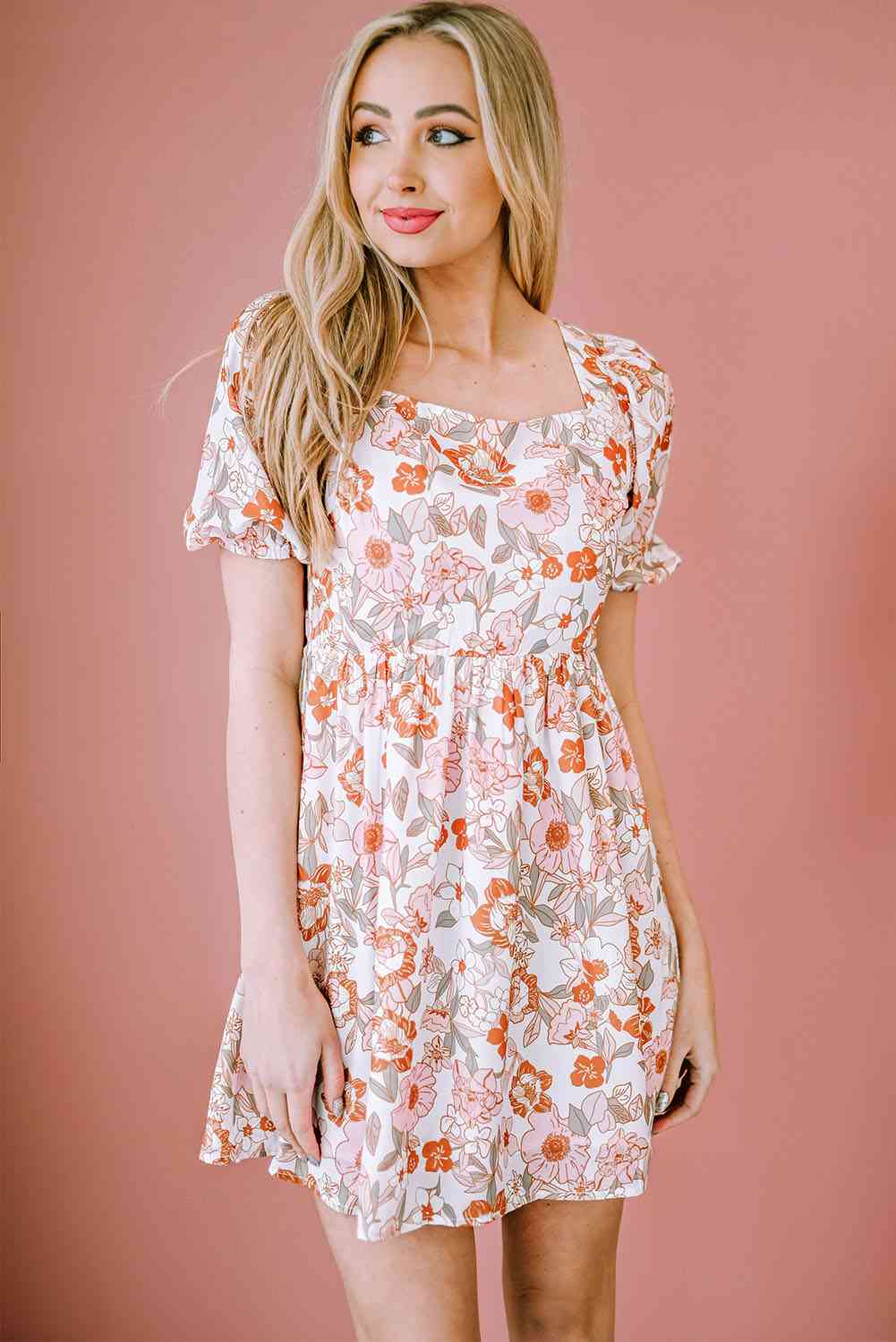 Women's Obsessed Blush Pink Floral Tie-Back Puff Sleeve Dress