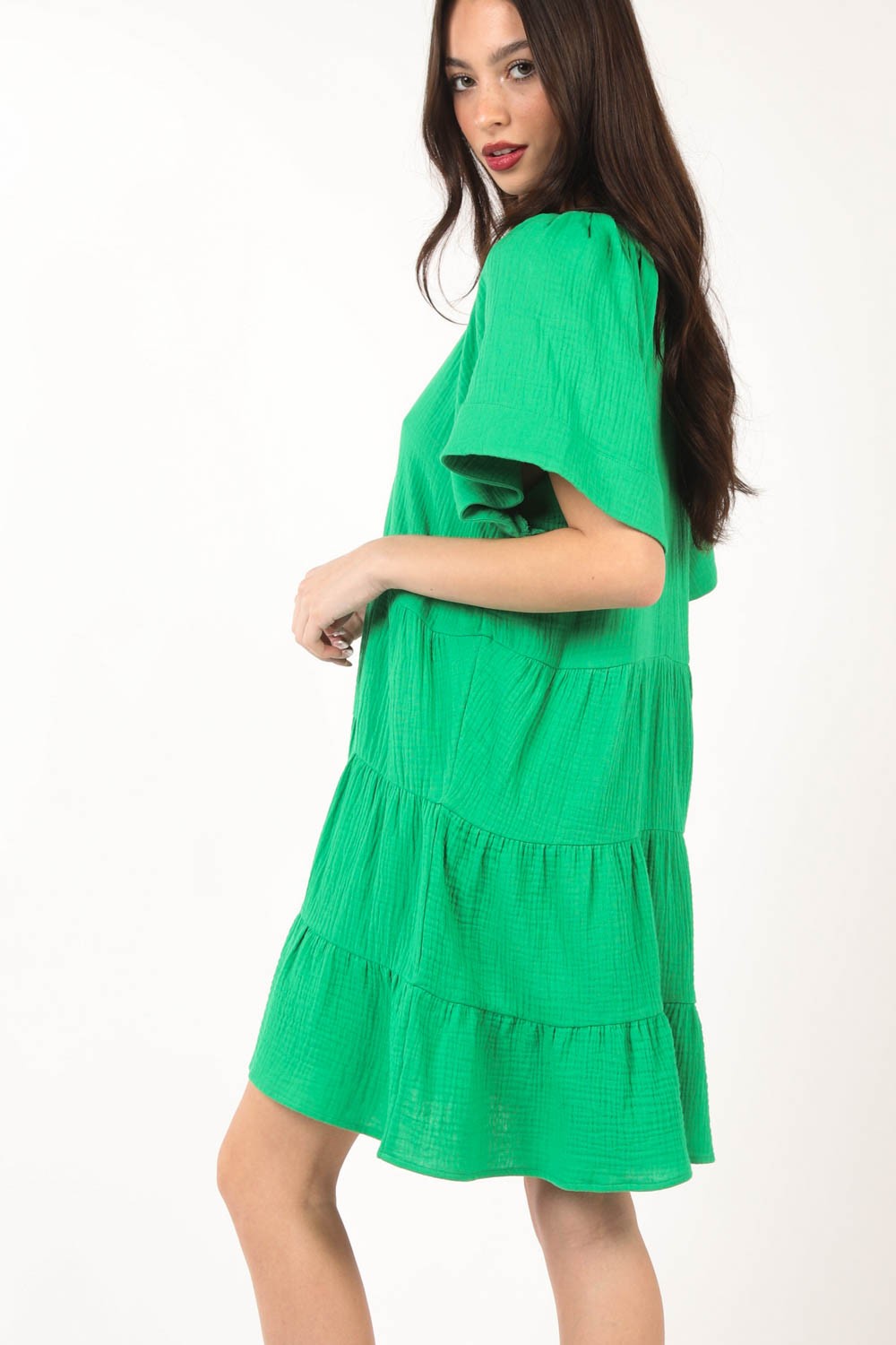 VERY J Texture V-Neck Ruffled Tiered Dress *