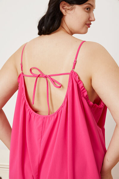 Double Take Full Size Ruffle Trim Tie Back Cami Jumpsuit with Pockets