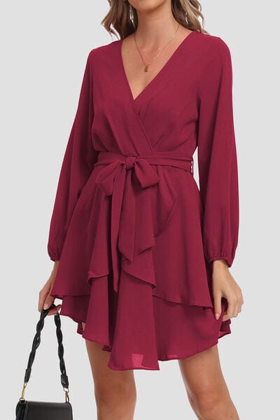 Larissa Bea Tied Surplice Balloon Sleeve Layered Dress