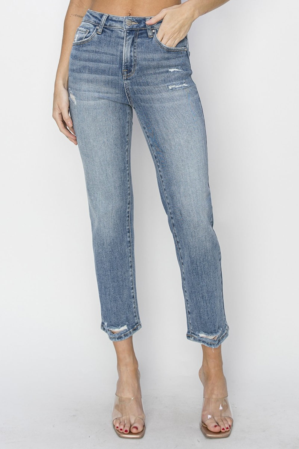 RISEN Full Size High Waist Distressed Cropped Jeans *