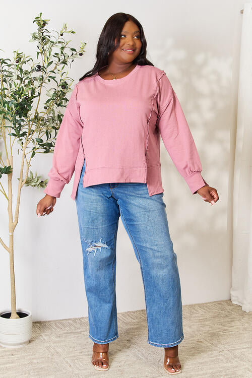 Culture Code Full Size Round Neck Exposed Seam Slit Top *