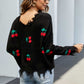 Cherry Pattern Frayed Trim V-Neck Sweater